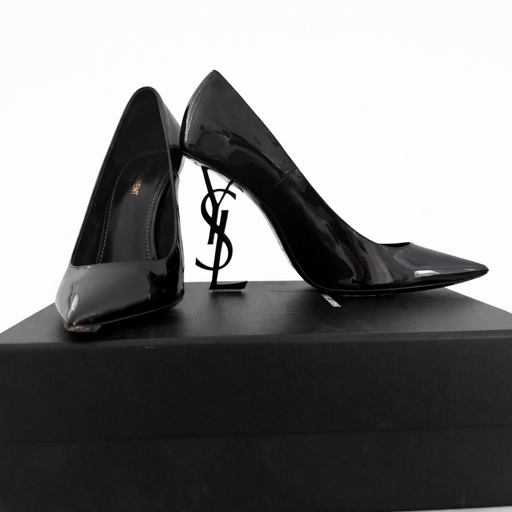 Yves Saint Laurent Glossy Black Heels with Iconic Logo
